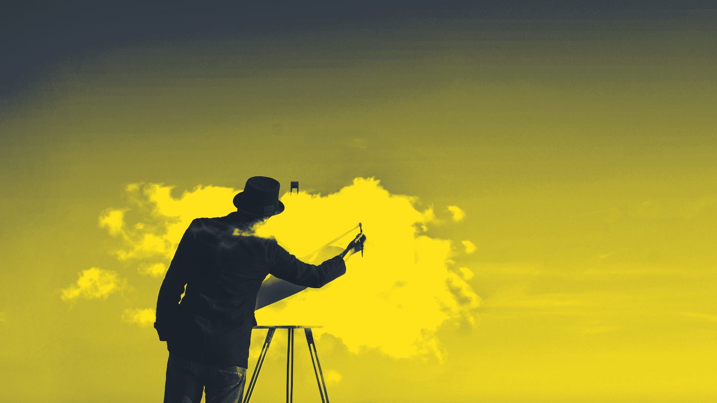 A figure at an easel painting a cloud directly onto the sky — designing a place on purpose rather than waiting for it to emerge.