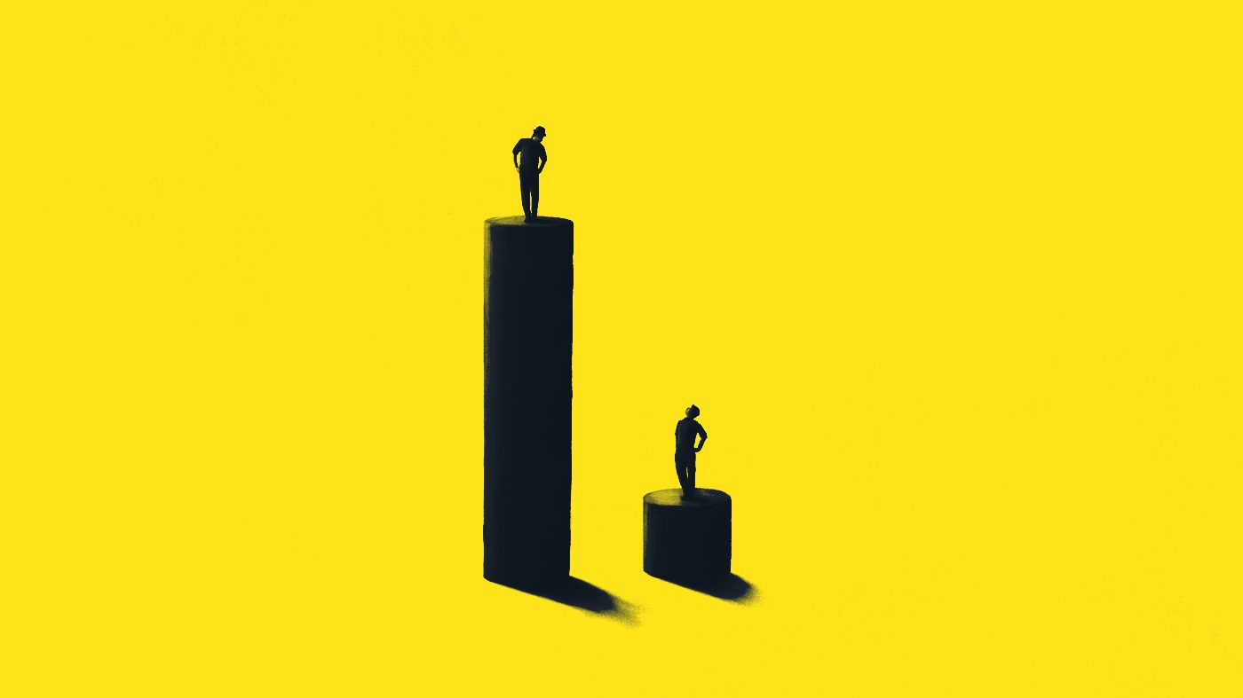 One figure on a tall dark plinth and one on a short plinth against a flat yellow field — the same people, different structures, and the asymmetry is structural rather than personal.
